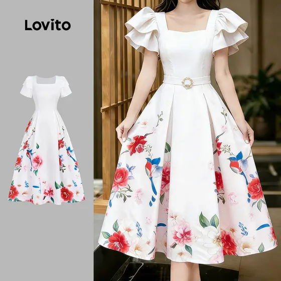 Lovito Vestido Casual Plissado Babado para Primavera/verão Feminino L34LD102