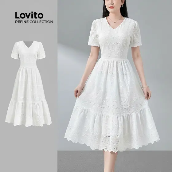 (Refine by Lovito) Vestido Casual Bordado Ilhós Primavera Verão Branco Feminino LR26ED067