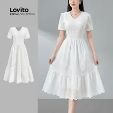 (Refine by Lovito) Vestido Casual Bordado Ilhós Primavera Verão Branco Feminino LR26ED067