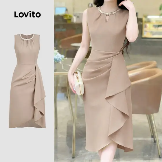 (NEW) Lovito Vestido Elegante com Babados Trança e Recorte para Primavera/verão Cor Cáqui para Mulheres. LBL33062