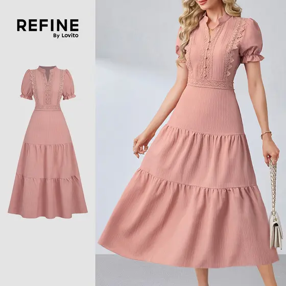 (Refine by Lovito) Vestido Elegante com Renda e Fecho em Corderosa para a primavera/verão LR35L019