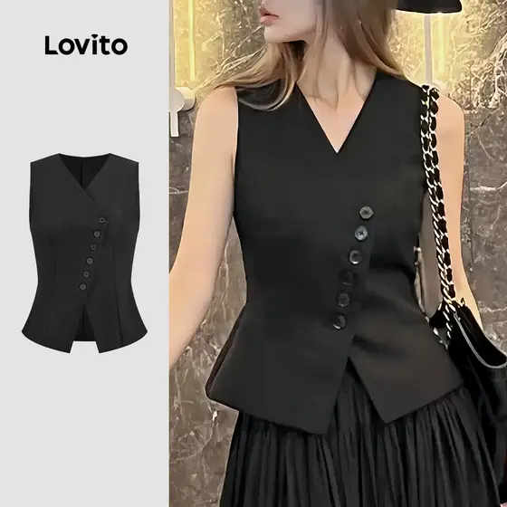 Lovito Casual Top Assimétrico com Botão Primavera/verão Preto Top para Mulheres. L178ED334