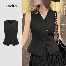 Lovito Casual Top Assimétrico com Botão Primavera/verão Preto Top para Mulheres. L178ED334