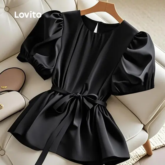 Lovito Blusa Casual com Renda e Pregas para Mulheres - Primavera/verão Na Cor preta L166AD256