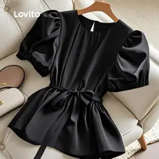 Lovito Blusa Casual com Renda e Pregas para Mulheres - Primavera/verão Na Cor preta L166AD256
