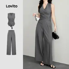 Lovito Calças Cinza de Primavera/verão com Pregas para O Dia a dia L183ED1069