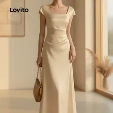 Lovito Vestido de Cetim Sofisticado Primavera Verão Champagne Feminino L137LD367