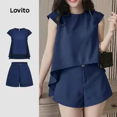 (RCL) Lovito Conjuntos Casuais de Shorts com Pregas para Primavera/verão Shorts Caqui para mulheres L154ED206