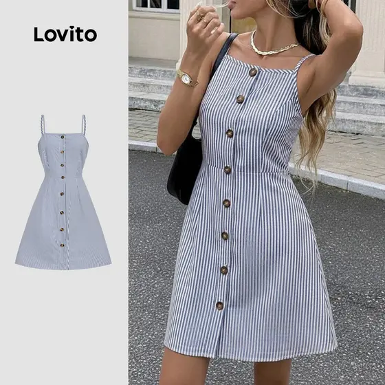Lovito Vestido Casual Botão Frontal Clássico e Versátil Primavera/verão Azul para Mulheres. LBL33022