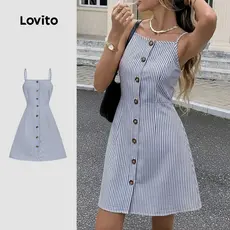 Lovito Vestido Casual Botão Frontal Clássico e Versátil Primavera/verão Azul para Mulheres. LBL33022