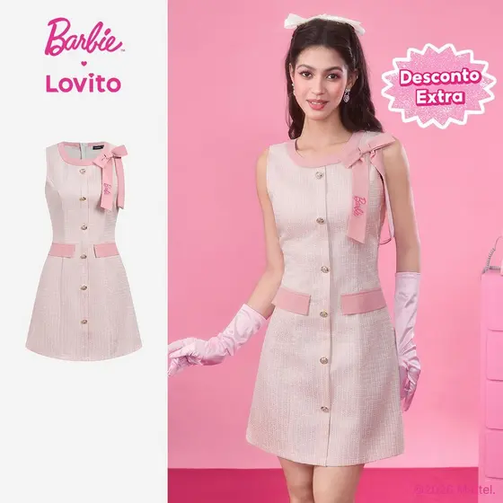 [Mid Year Sale]Barbie™ X Lovito Vestido Bordado Elegante Colorblock Rosa Primavera/Verão Feminino LB1AD033