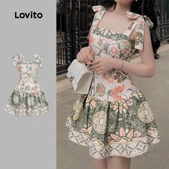 Lovito Vestido Vintage com cadarço vestido primavera/verão para mulheres LK3ED062