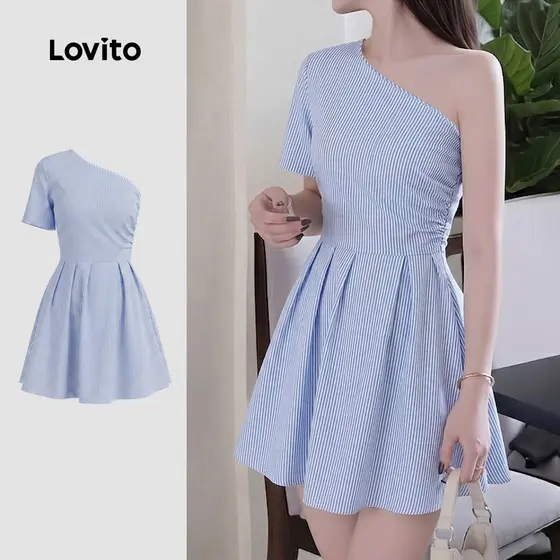 Lovito Vestido Azul Assimétrico Plissado com Zíper Casual para mulheres LK5ED486