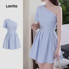 Lovito Vestido Azul Assimétrico Plissado com Zíper Casual para mulheres LK5ED486