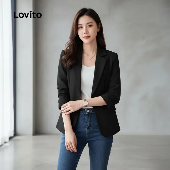 Lovito Blazer Casual Preto com Botões para Mulheres L157ED1076