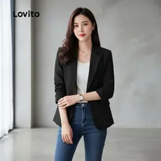 Lovito Blazer Casual Preto com Botões para Mulheres L157ED1076