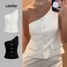 Lovito x Glenda Blazer Elegante Com Botões Assimétricos Lisos, Blazer De Verão/primavera Para Mulheres LBL22647