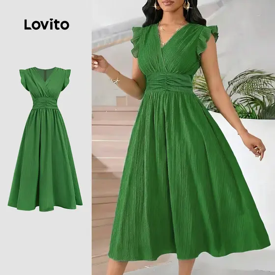 Lovito Vestido Elegante com Babados e Pregas para Primavera/verão Verde para Mulheres. LBL33025