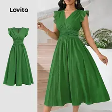 Lovito Vestido Elegante com Babados e Pregas para Primavera/verão Verde para Mulheres. LBL33025