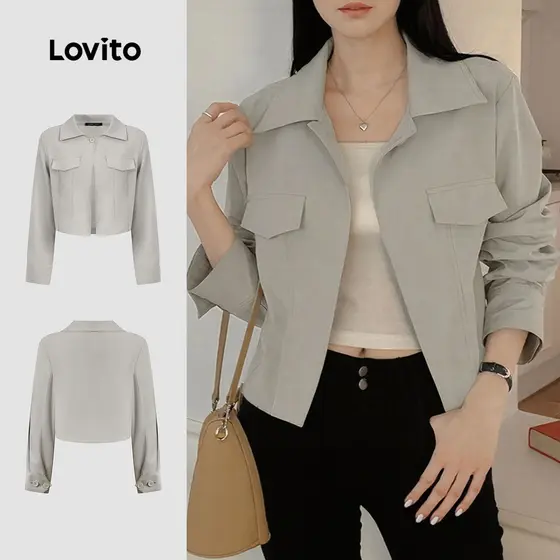 Lovito Jaqueta Casual Cinza Com Bolsos Falsos E Estrutura Reforçada Para O Outono/inverno Ideal Para Mulheres L166AD418