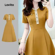 Lovito Vestido Feminino Amarelo Primavera/verão de Costura em Tecido com Botões Frontais e Blocos de Cor LK6ED261