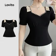 Lovito Blusa Elegante Pérolas Laço Colorblock Primavera/verão Blusa Preta para Mulheres LBL33049