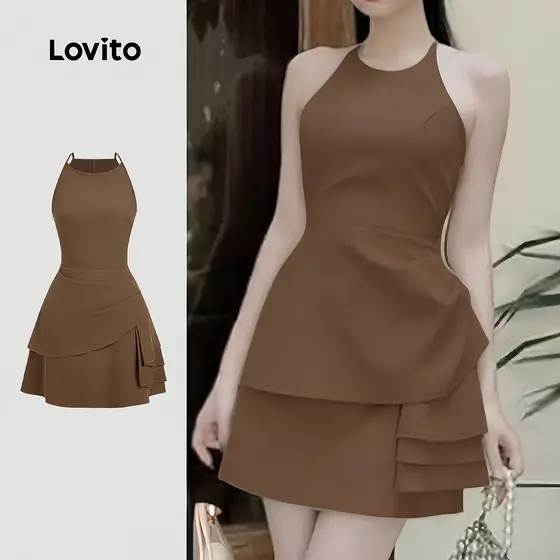 Lovito Vestido Casual Plissado Assimétrico Marrom Primavera/verão Dia a Dia Deslocamento para Mulheres L164ED124