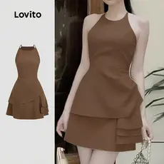 Lovito Vestido Casual Plissado Assimétrico Marrom Primavera/verão Dia a Dia Deslocamento para Mulheres L164ED124