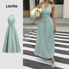 Lovito Vestido Boho com zíper e costas nuas com laço primavera/verão vestido verde para mulheres LBL32162