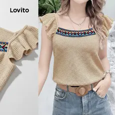 Lovito Top Casual com Babado em Tecido para Primavera/verão Na Cor damasco LK5LD1116