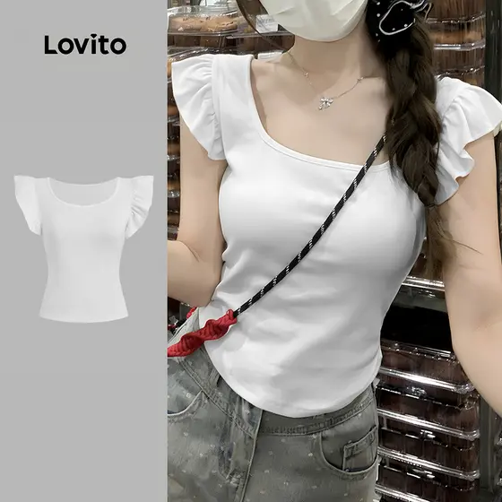 Lovito Camiseta Fofa para O Lazer e para O Dia a Dia Camiseta Branca de Primavera/verão para Mulheres LK5AD188