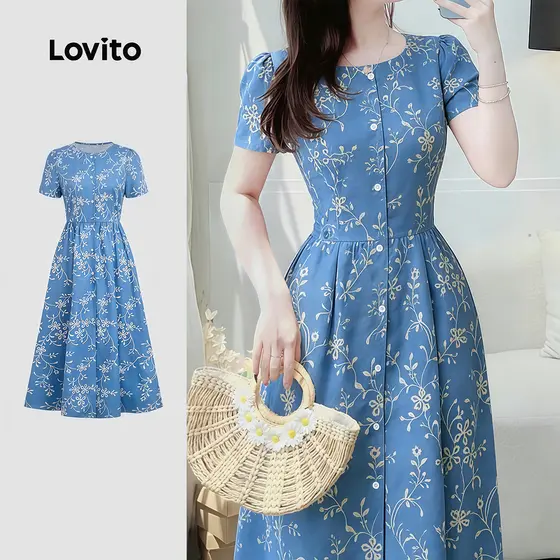 Lovito Vestido Elegante com Botões Frontais Padrão Primavera/verão Azul para mulheres LBL35170