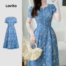 Lovito Vestido Elegante com Botões Frontais Padrão Primavera/verão Azul para mulheres LBL35170