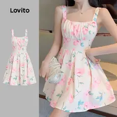 Lovito Vestido Casual com Padrão Plissado Vestido de Primavera/verão para Mulheres LK5ED272