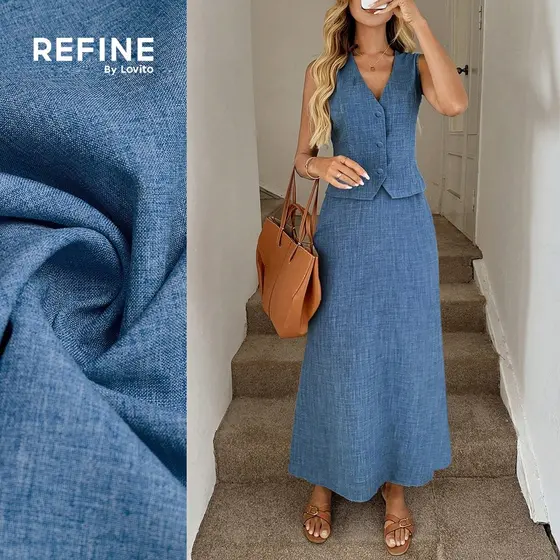 (Refine by Lovito) Conjunto Elegante Duas Peças Jeans Botões Frontais Calça Azul Primavera/verão Para Mulheres LR23L087