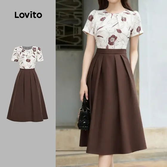 Lovito Vestido Elegante Com Pregas E Bordado Floral Primavera/verão para Mulheres L165ED271