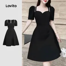 Lovito Vestido Elegante com Acabamento Confortável e Estiloso Vestido Preto Primavera/verão para Mulheres. L172ED105