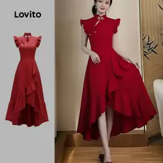 Lovito Vestido Elegante Botão Chinês Vinho Natal Ano Novo Feminino Verão LK2ED453