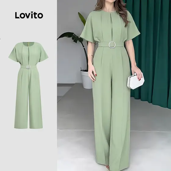 Lovito Longo Macacão Elegante Plissado Verão Primavera Verde Macacão feminino LK6LD081