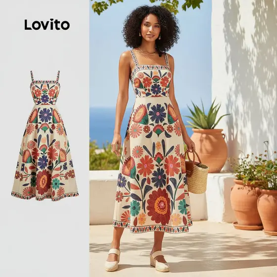 Lovito Vestido Boho com Zíper para Primavera Verão Feminino LBL29256