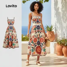 Lovito Vestido Boho com Zíper para Primavera Verão Feminino LBL29256