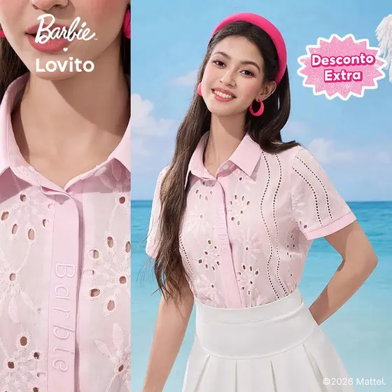 [Mid Year Sale]Barbie™ X Lovito Blusa Casual Bordada com Botão Primavera/verão Blusa Rosa para Mulheres LB1AD031