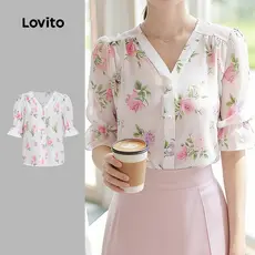 Lovito Blusa elegante com botão frontal babado blusa primavera/verão para mulheres L176LD060