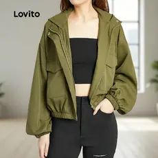 Lovito Jaqueta Corta-Vento/Impermeável Com Capuz E Mangas Amplas Para Mulheres L45LD009