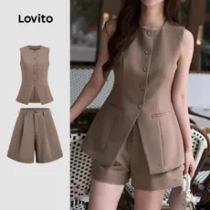Lovito Abotoada Plissada Primavera/verão Blusa Marrom Tops ou Bottoms para Mulheres. L172LD321