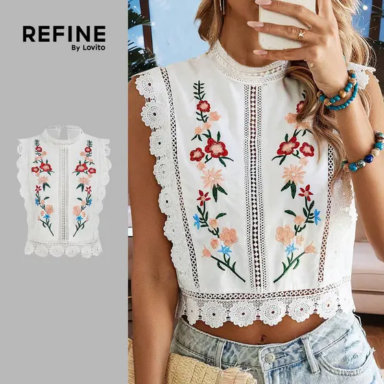(Refine by Lovito) Padrão de Renda Top Boho com Zíper para Primavera/verão para Mulheres LR32L024