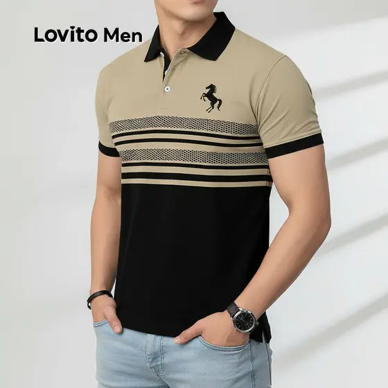 Lovito Polo Casual Masculina com Cores Contrastes e Botões para Primavera/Verão LNE118020