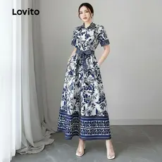Lovito Vestido Feminino Azul Com Botões Frontais e Cinto para Primavera Verão L154LD175