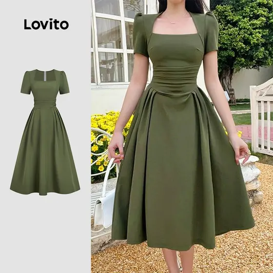 Lovito Vestido Elegante com Babado e Textura Simples Verde Militar Primavera/verão para mulheres L190ED545