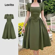 Lovito Vestido Elegante com Babado e Textura Simples Verde Militar Primavera/verão para mulheres L190ED545